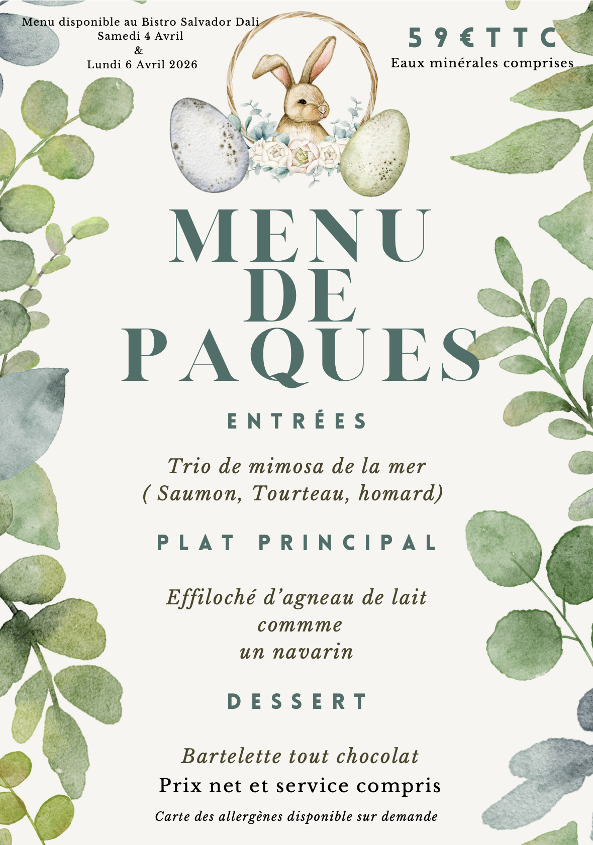 Menu de Pâques 2026