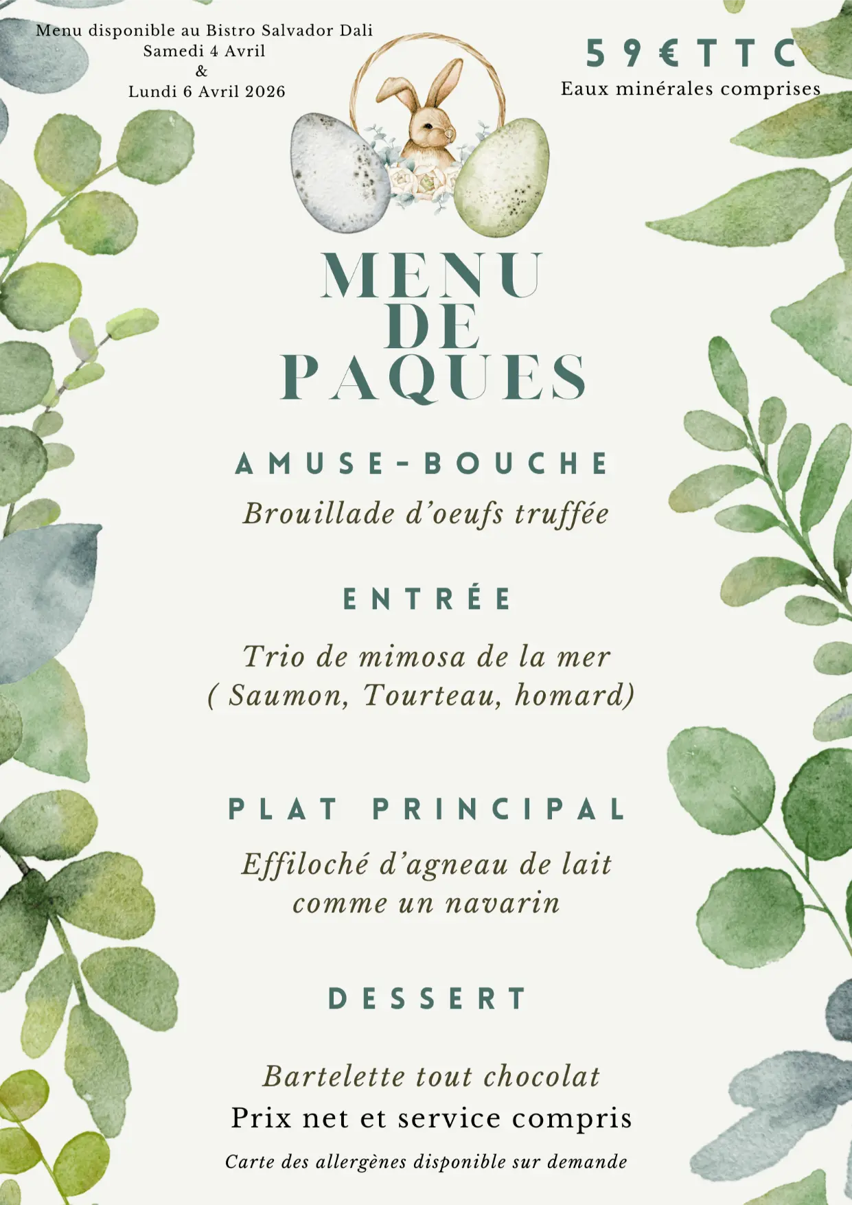 Menu de Pâques 2026